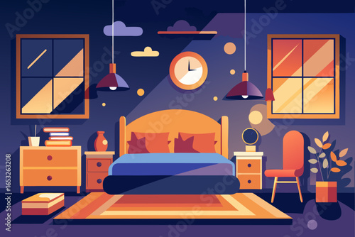 Modern Bedroom Interior Design Flat Illustration.