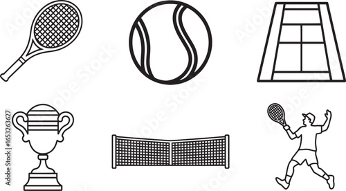 Tennis Outline Icon Set Racket Ball Court Net Player Trophy Line Art Vector Design