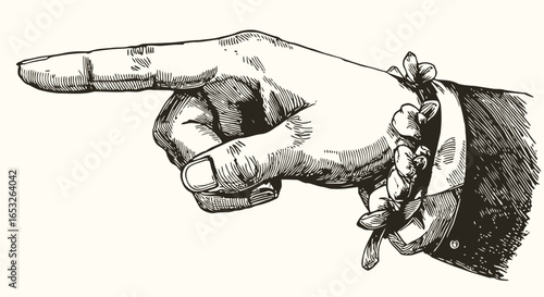 Vector engraving woman hand with pointing finger gesture. Vintage old book style illustration.