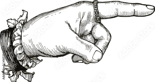 Vector engraving woman hand with pointing finger gesture. Vintage old book style illustration.