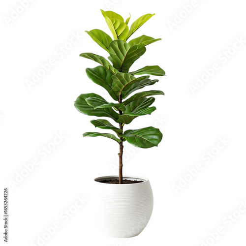 Tall green fiddle leaf fig plant in white pot leaves