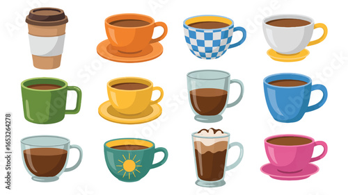 Assortment of Twelve Illustrated Coffee Cups and Mugs in Various Colors and Styles illustration