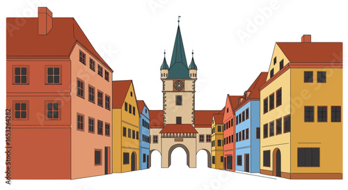Vector illustration of a picturesque old town street in Europe with colorful houses and a historic gate tower