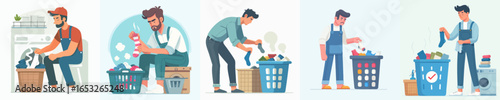 Flat Illustration of Various People Doing Laundry with Washing Machines
