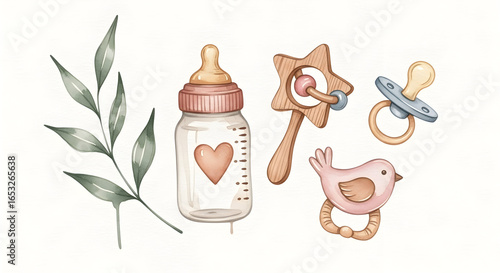Watercolor Baby set with a wooden rattle, pacifier, infant bottle, and teether. illustration of wooden eco elements for baby shower invitations or newborn greeting cards. Drawing for nursery design.