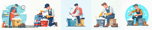 Cartoon Man Scrubbing Laundry in Bucket for Cleaning Service Illustration