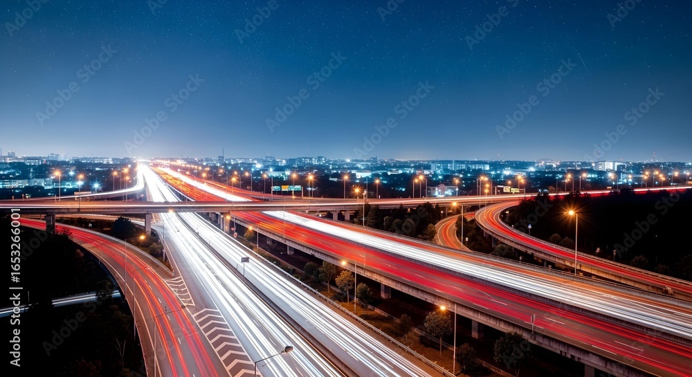 Obraz premium Long exposure of a highway interchange seen from above with streams of red and white light