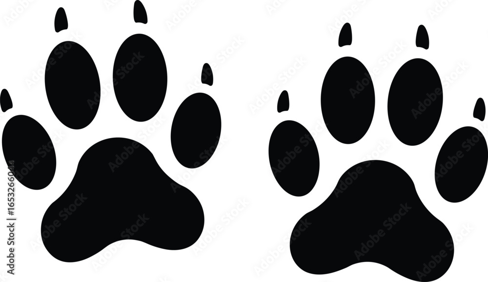 Fototapeta premium Black paw print vector, animal footprint symbol, dog cat track icon, pet silhouette illustration, wildlife mark