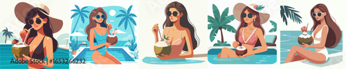 Stylized Summer Lady with Coconut Drink at Tropical Beach Vacation Icon