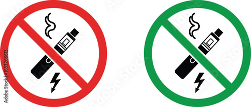 E-cigarette vaping prohibition and permission signs with red ban symbol and green allowed circle icons