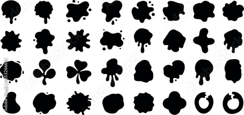 Abstract collection of black ink blots and splashes, featuring diverse liquid shapes, grunge textures, and dripping effects, perfect for graphic design elements and artistic backgrounds.