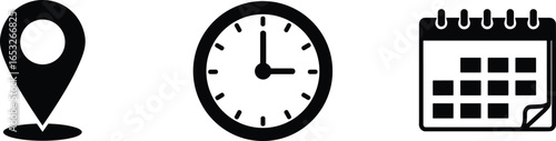 Location pin icon, clock symbol, calendar vector, time management graphic, schedule reminder design, date planning sign