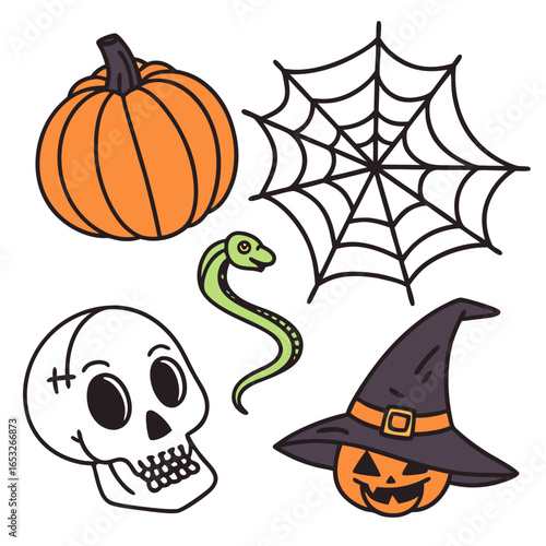 Cute halloween icons featuring a pumpkin skull spiderweb snake and witch hat