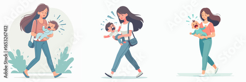 Flat Illustration Mother Holding Crying Baby While Walking Character Design