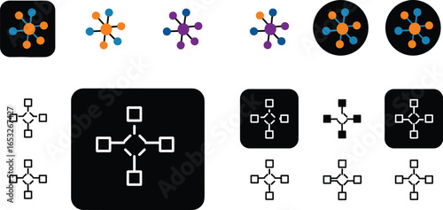 Network connection hub icon set, vector illustration of communication system, technology structure, digital nodes design