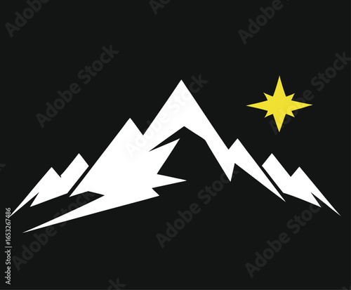 White mountain peaks with yellow star on black background graphic vector