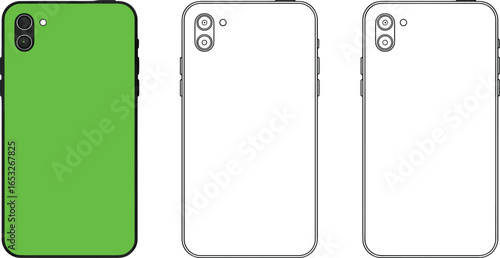 Smartphone back view with dual camera, green screen template, mobile phone outline illustration for technology and design