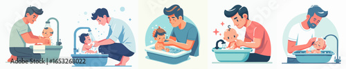 Tender Illustration of Father Bathing Adorable Baby in Bathtub Graphic Element