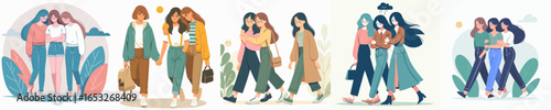 Fashionable Line Illustration Diverse Group of Friends Enjoying Time Together