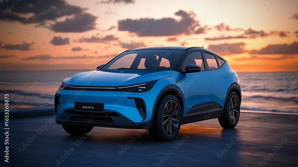 Stylish blue compact suv parked by the beach at sunset, ready for summer road trips and travel Stylish blue compact suv parked by the beach at sunset, ready for summer road trips and travel