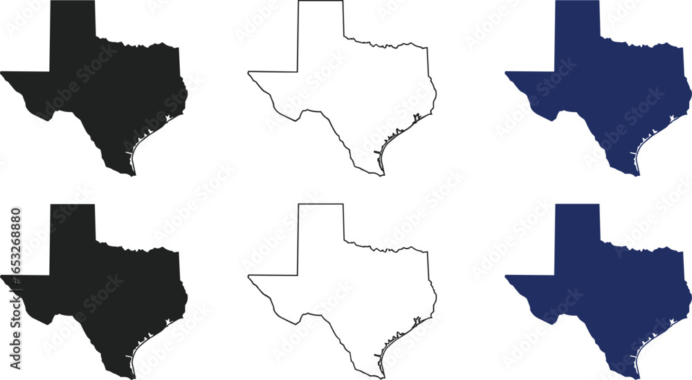 Fototapeta premium Texas state map silhouette, outline vector, USA geography, printable design, black and blue illustration, American region