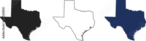 Texas state map silhouette icons collection in black, white, blue outline vector for design and illustration