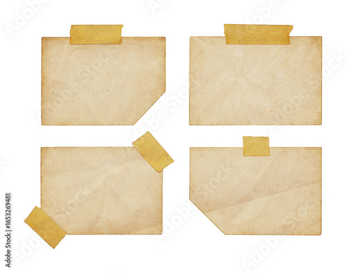 set of old vintage sticky notes with adhesive tape strips on transparent background, reminder, important, memo, isolated, extracted, png file