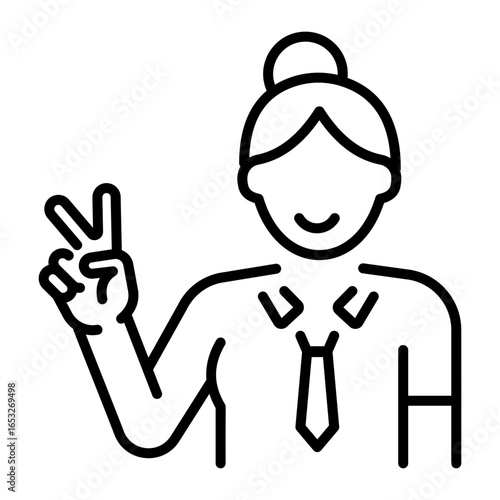 A linear icon showing a person making peace sign with fingers 
