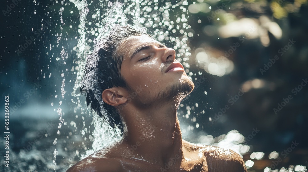Obraz premium Young man refreshes himself with cold water in an effort to beat the intense summer heat waves