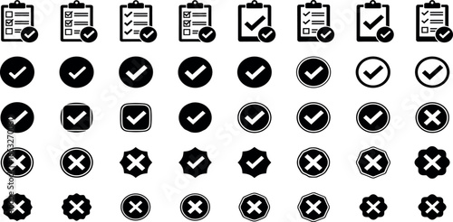 Set of black and white validation icons for approval and rejection. Checkmark and cross symbols for web interface design.