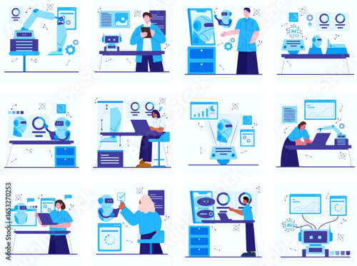 Artificial Intelligence concept flat illustration set. Includes of machine, learning, neural, data, automation, innovation, and more. Vector illustration isolated editable.