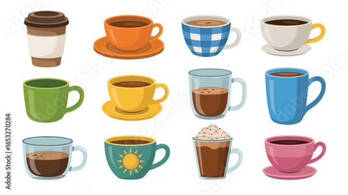 Collection of Twelve Colorful Cartoon Coffee Cups and Mugs on White Background assorted