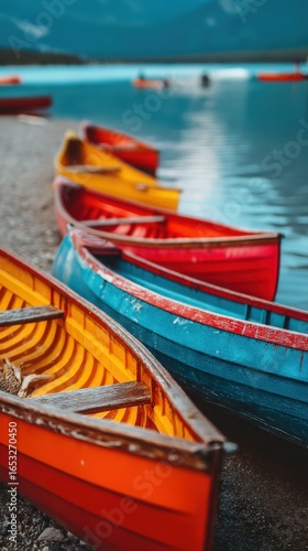 Wallpaper Mural Brightly painted canoes rest on a rocky lakeshore, with calm blue water and distant paddlers under a serene mountain backdrop. Torontodigital.ca