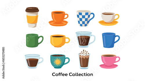 Collection of Twelve Diverse Coffee Cups and Mugs in Various Styles and Colors on a White Background