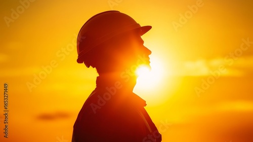 Silhouette of construction worker in hard hat against bright orange sunset symbolizing dedication