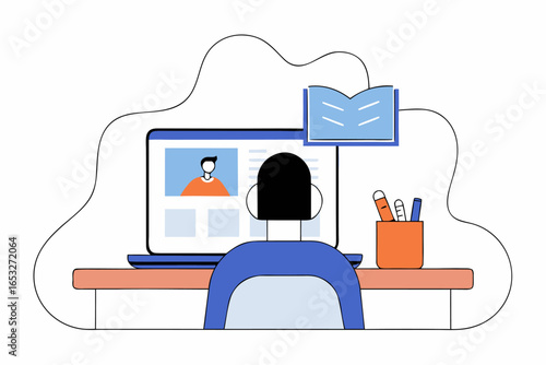 E-learning, edukacja i praca zdalna. Student uczestniczący w kursie online, lekcji lub wideokonferencji z nauczycielem.