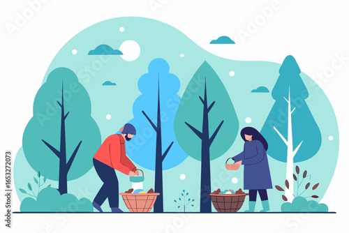 Grzybobranie w jesiennym lesie. Para ludzi spędzająca aktywnie czas na łonie natury. Koncepcja hobby i relaksu. 