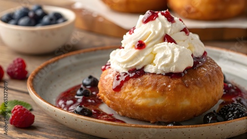 Wallpaper Mural Papanasi Romanian fried doughnut dessert with cream and jam Torontodigital.ca