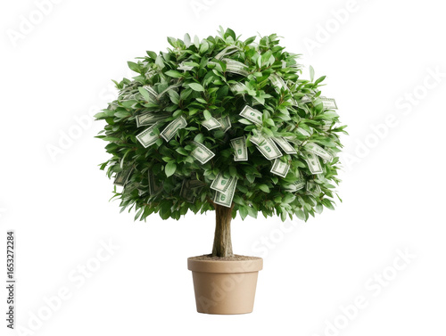 Money tree with dollar bills in pot on white background