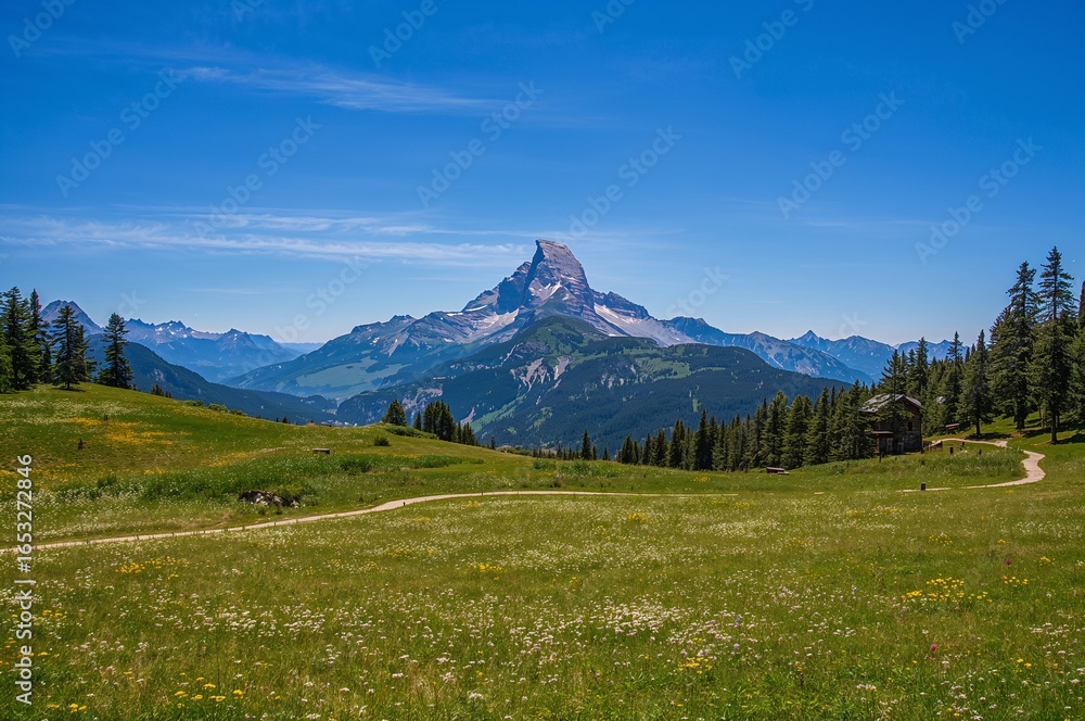 Fototapeta premium A scenic hiking path through a green alpine meadow with the Matterhorn in the background.