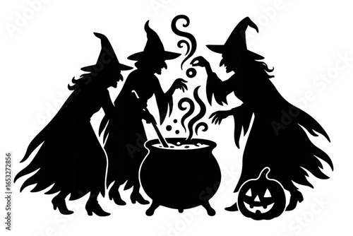 Witches' Coven Brewing Potion
Three Witches Brewing Potion Silhouette Around Cauldron with Pumpkin witches,