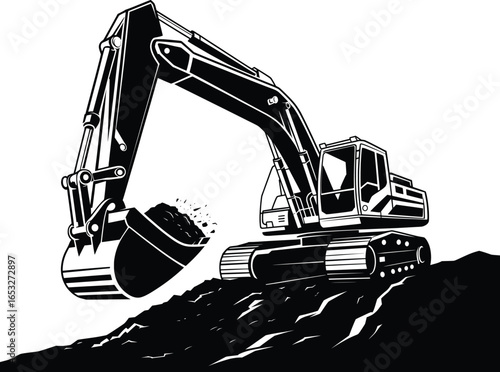 Excavator Silhouette Illustration, Heavy Construction Machinery Vector Art.
