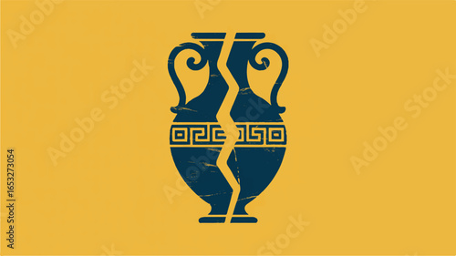 Graphic illustration of a broken Greek amphora with meander pattern on a golden yellow background
