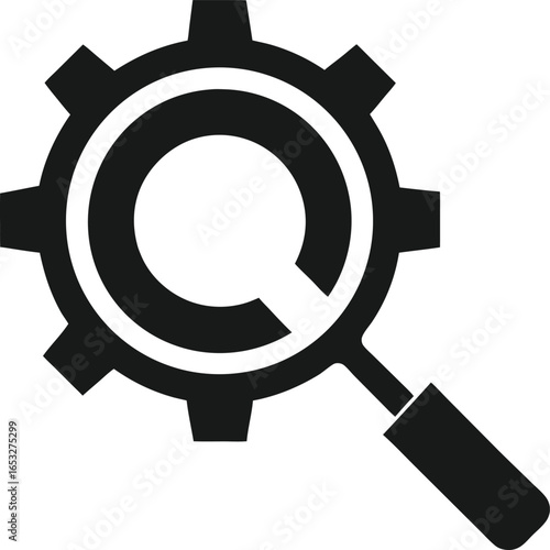 Magnifying glass with a gear icon symbolizing search settings isolated on white background