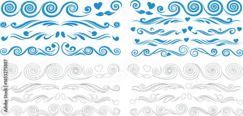 Set of hand-drawn decorative wave swirls and page dividers. Vector collection of blue water curls, scrolls, and ornamental borders with hearts.
