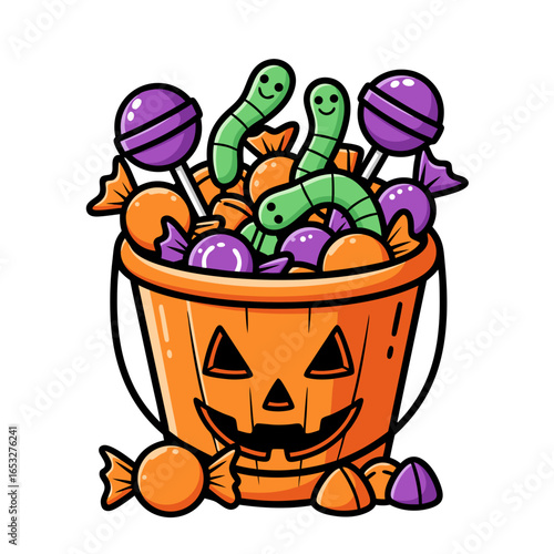 Halloween candy bucket filled with trick or treat sweets flat vector illustration isolated