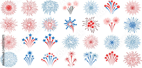 A vibrant assortment of red and blue firework icons and starburst designs for festive national celebrations and events.