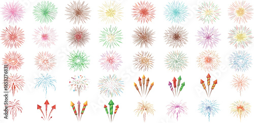 A diverse collection of vibrant firework illustrations, showing different explosions and rocket designs for festive events