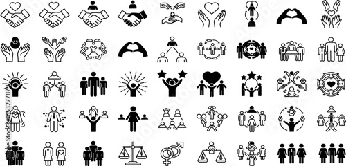 A comprehensive set of solid glyph icons for concepts of human connection, teamwork, community, and social values.