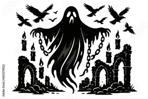 Ghostly Apparition in Ruins
Hovering Ghost Silhouette Over Ancient Ruins with Chains and Crows
ghost,